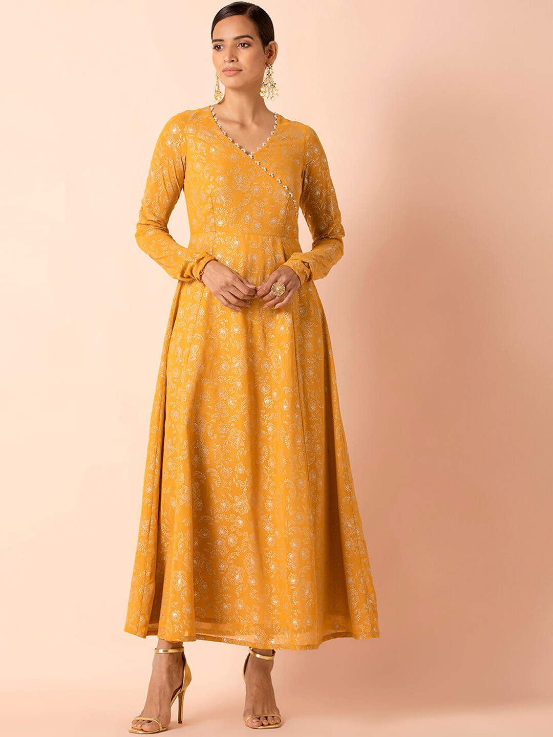 

INDYA Yellow Ethnic Motifs Georgette Maxi Dress