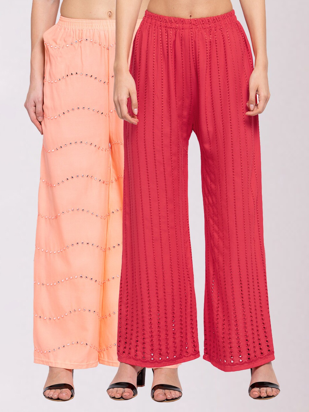 

KLOTTHE Set Of 2 Women Peach-Coloured & Red Embroidered Wide Leg Palazzos