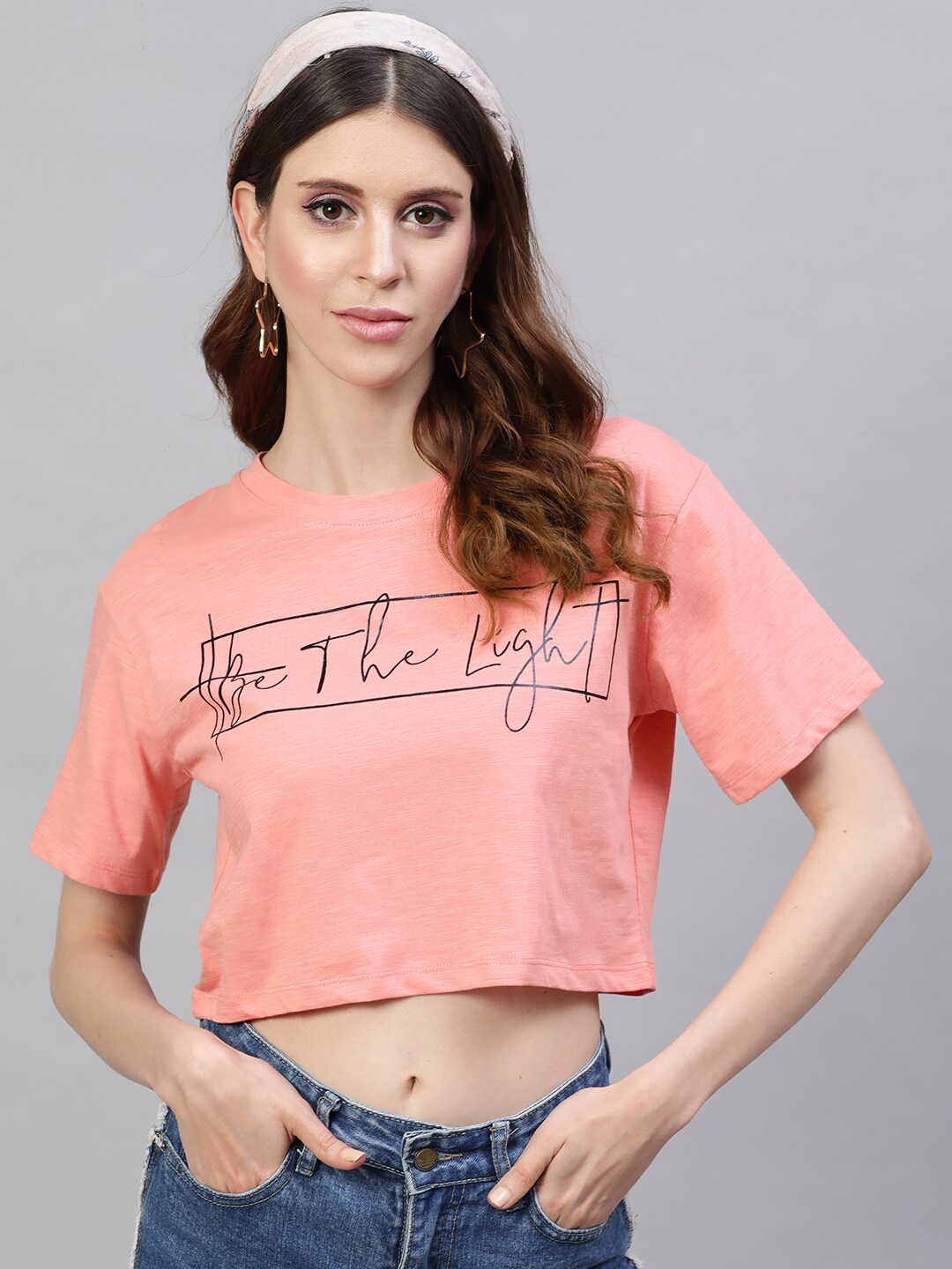 

STREET 9 Women Peach-Coloured Printed Round Neck Pure Cotton Crop Pure Cotton T-shirt