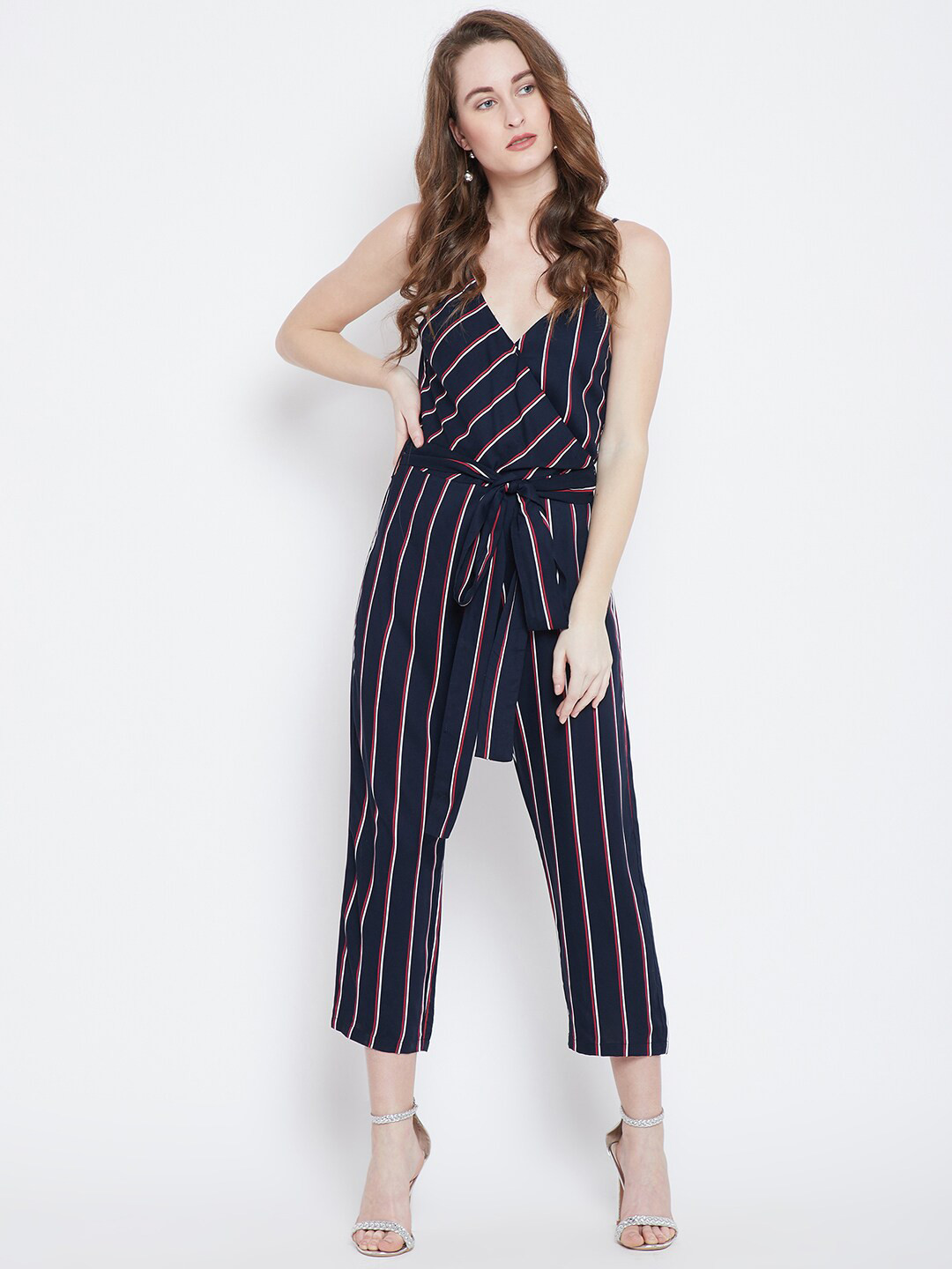 

Berrylush Women Navy Blue & Red Striped Capri Jumpsuit