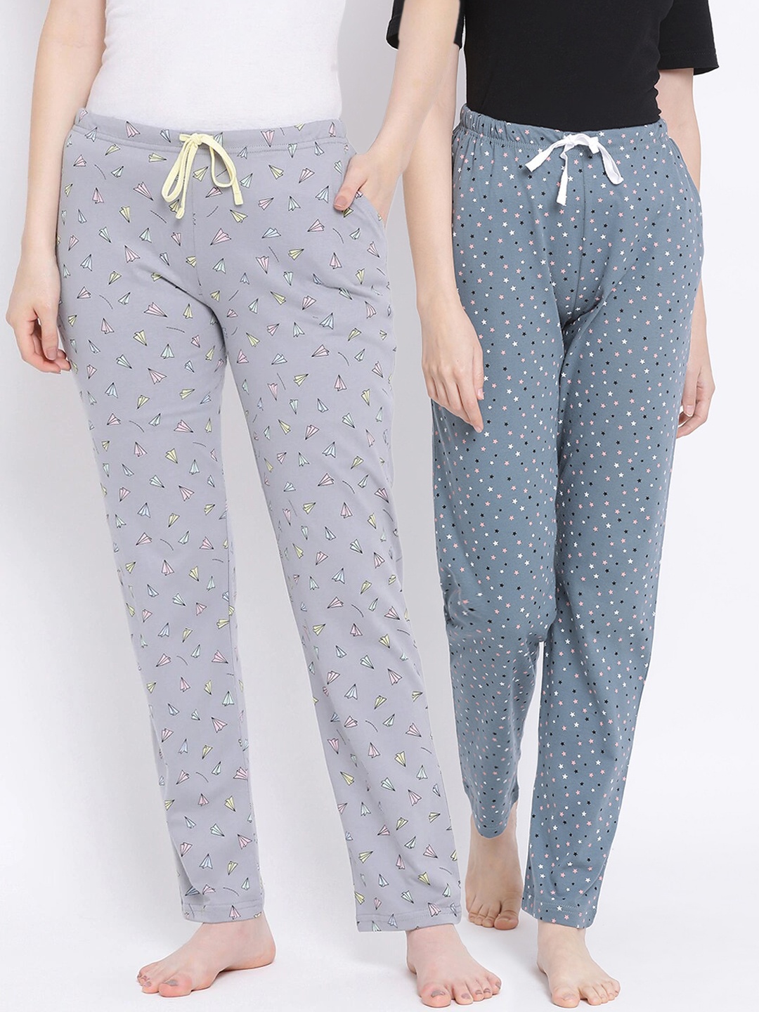 

Kanvin Women Pack of 2 Printed Pure Cotton Lounge Pants, Grey