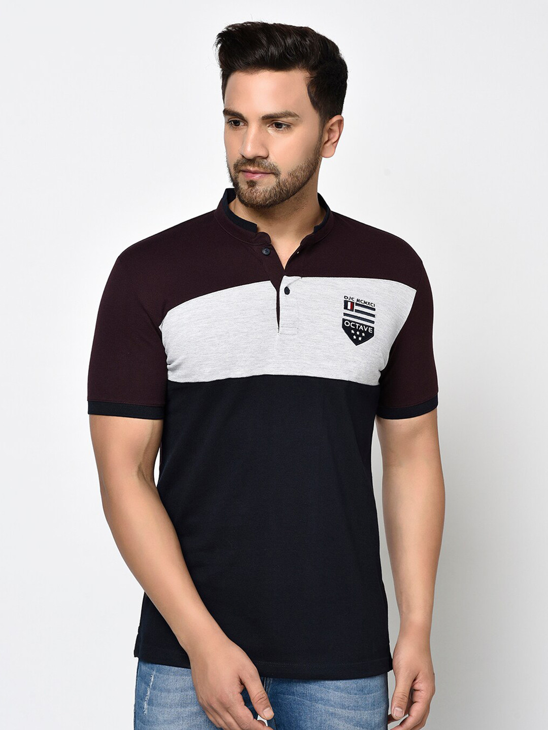 

Octave Men Burgundy Colourblocked Mandarin Collar Cotton Pure Cotton T-shirt