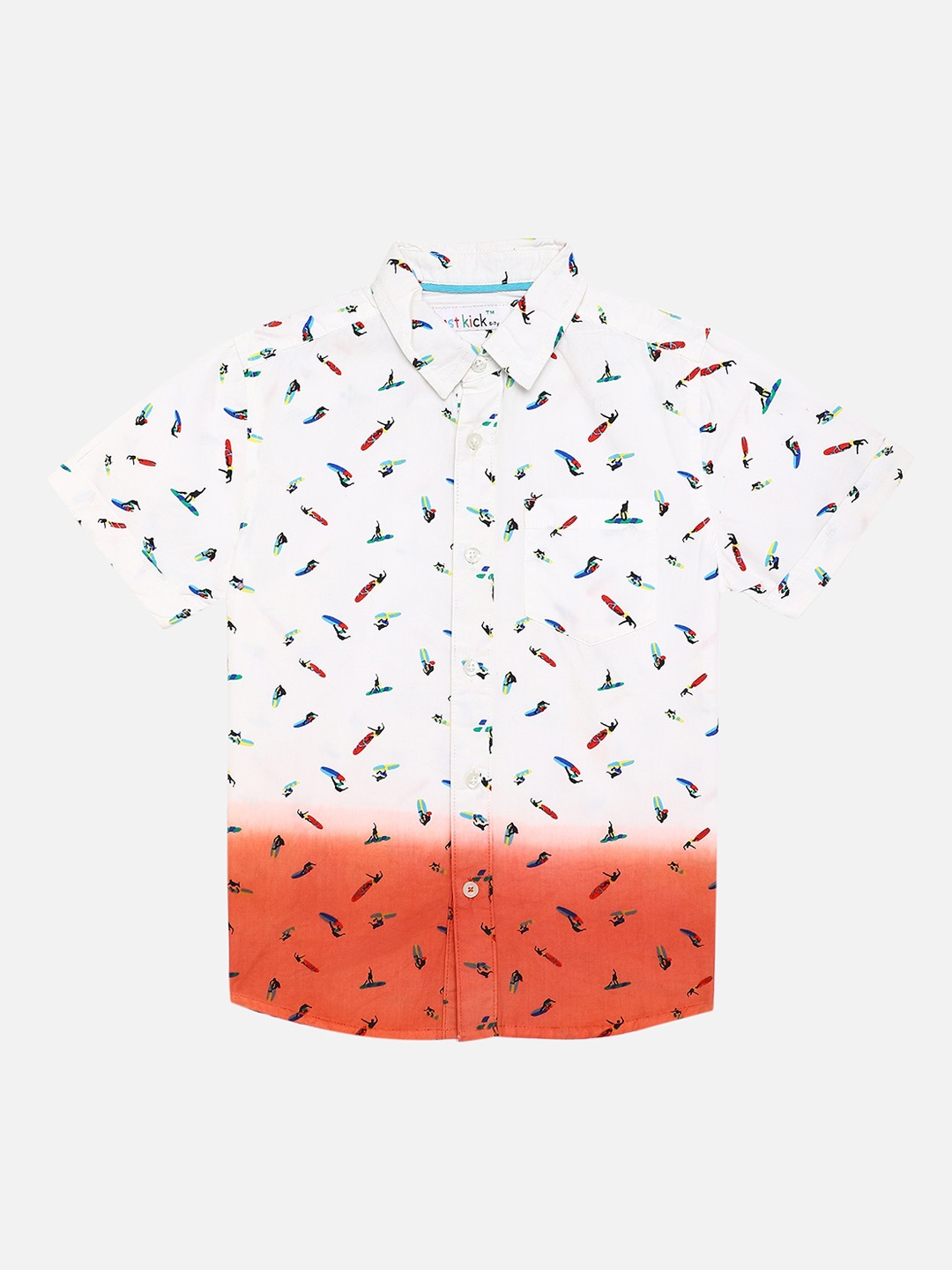 

First Kick Boys White & Orange Regular Fit Printed Casual Shirt