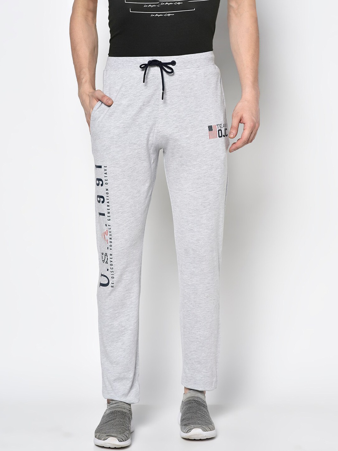 

Octave Men Grey Melange Solid Cotton Track Pants with Printed Detail
