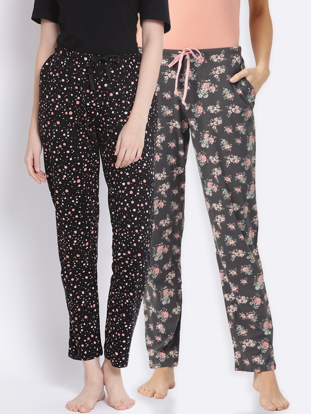 

Kanvin Women Pack of 2 Printed Pure Cotton Lounge Pants, Black