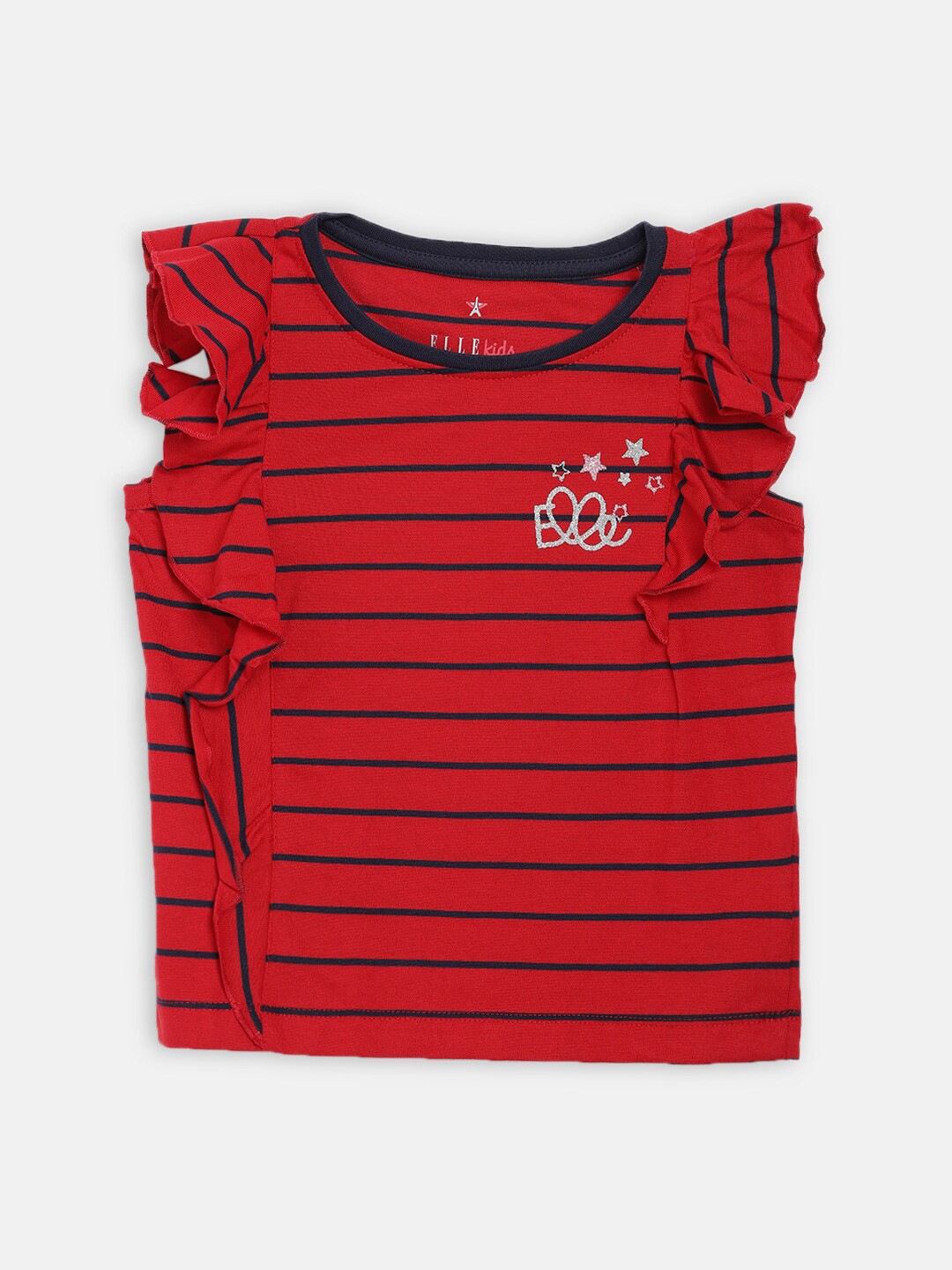 

ELLE Girls Red Striped Round Neck Cotton Pure Cotton T-shirt