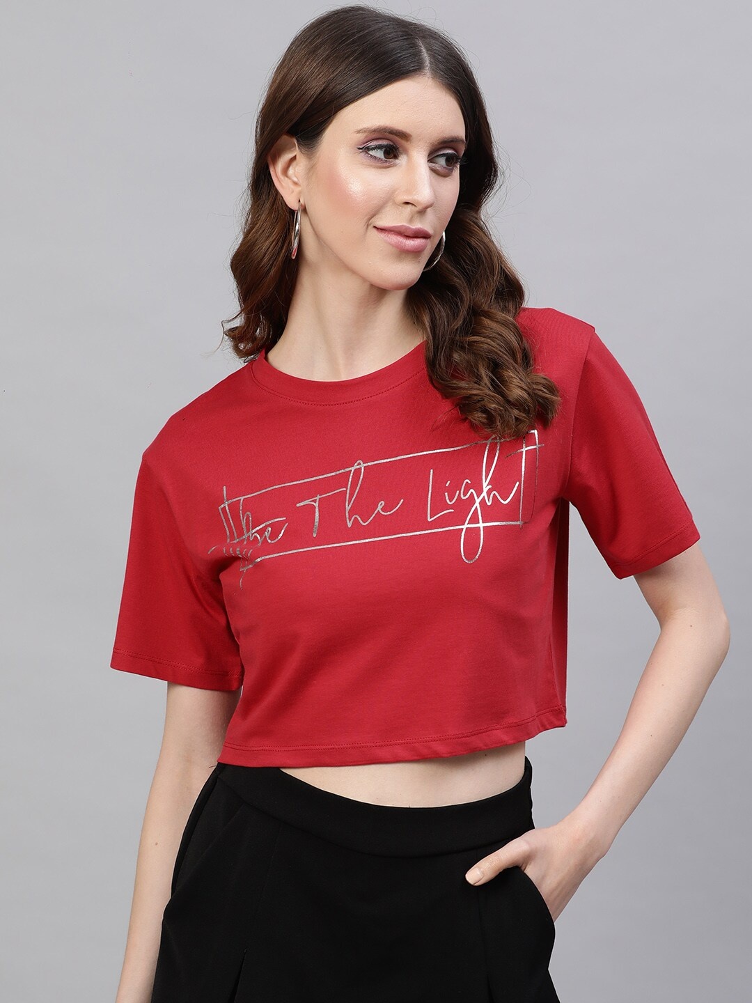 

STREET 9 Women Red Printed Round Neck Pure Cotton Crop Pure Cotton T-shirt