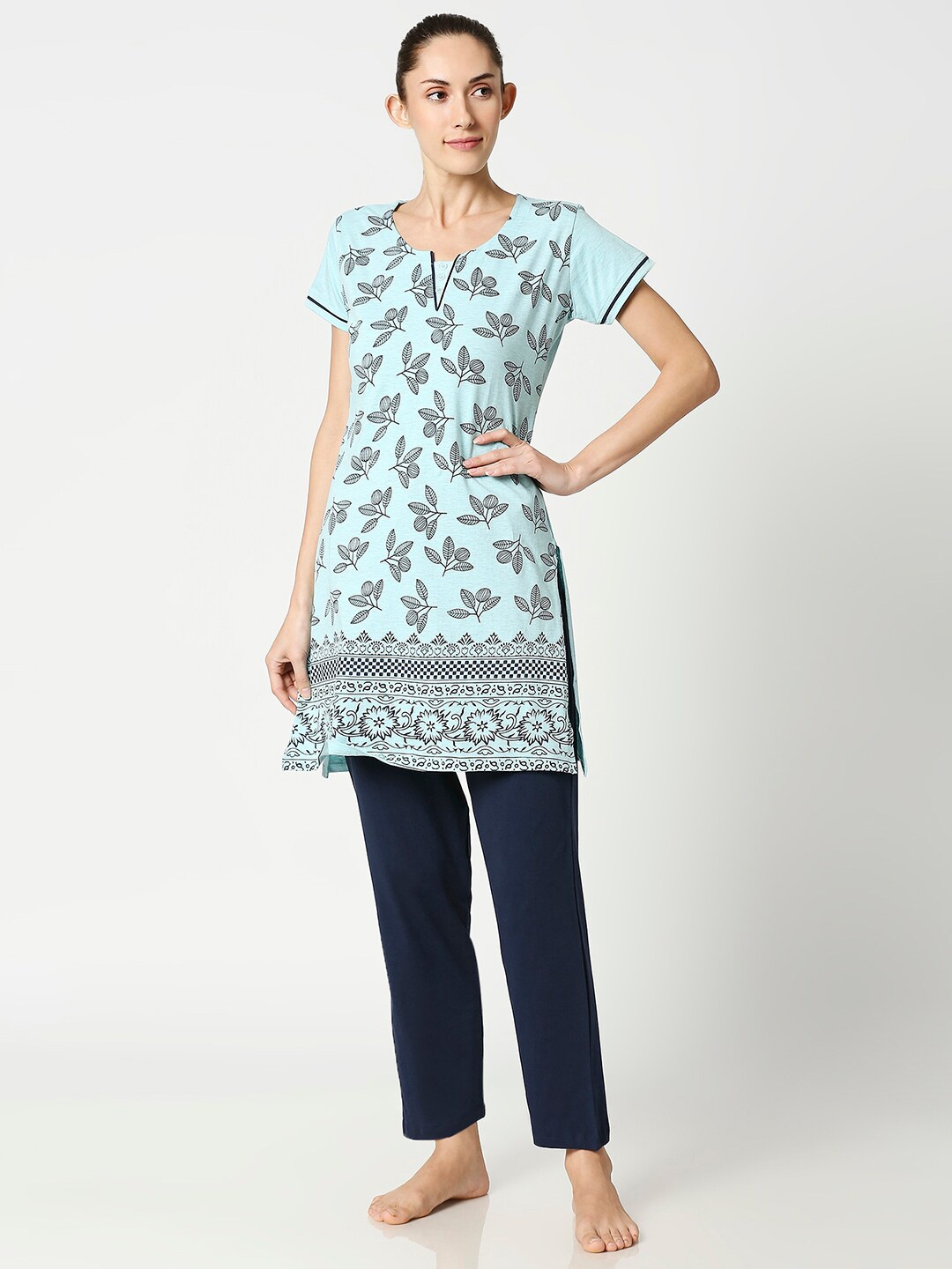 

AV2 Women Blue & Black Printed Cotton Night Suit