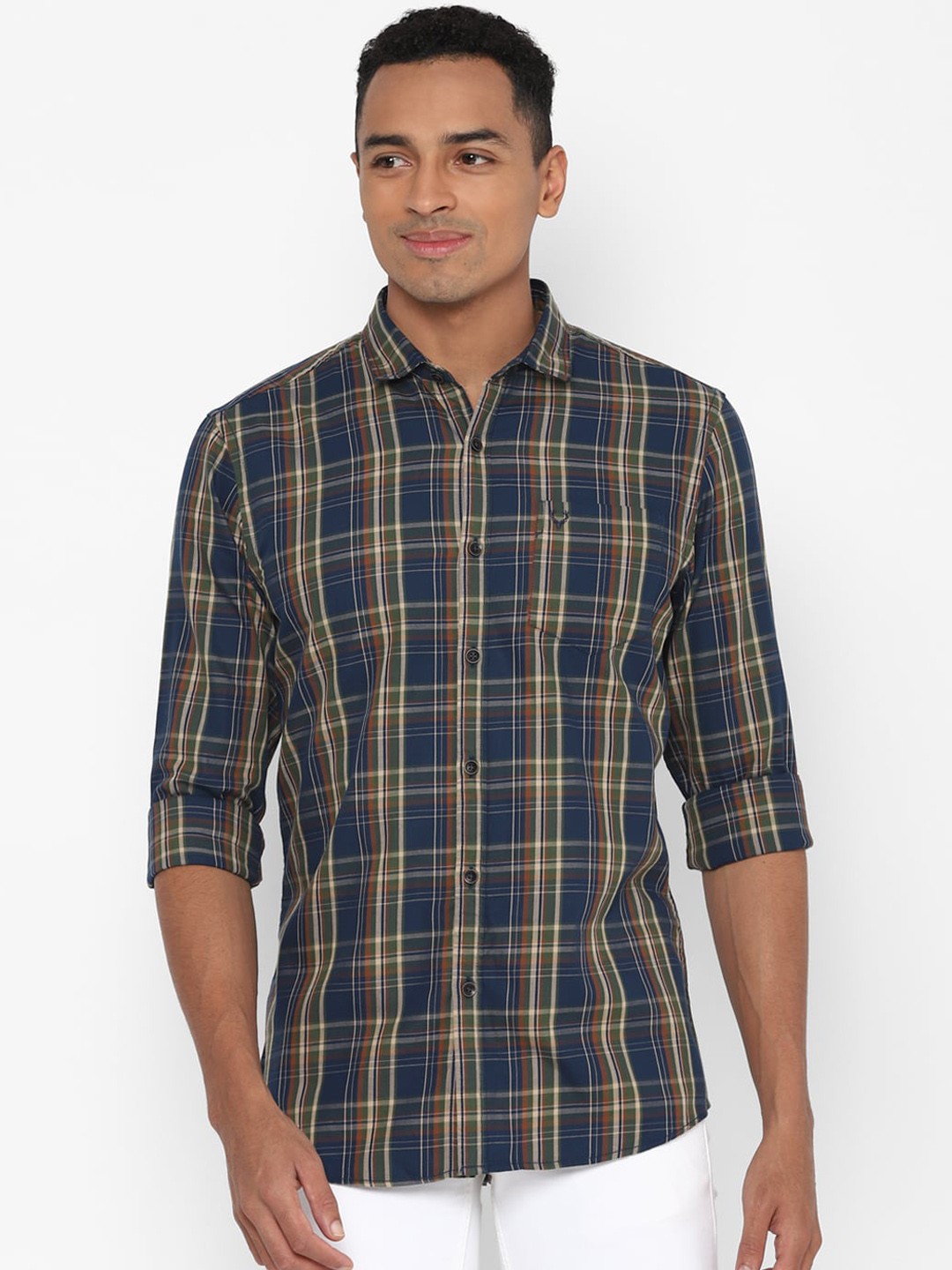 

Allen Solly Sport Men Navy Blue & Green Regular Fit Checked Pure Cotton Casual Shirt