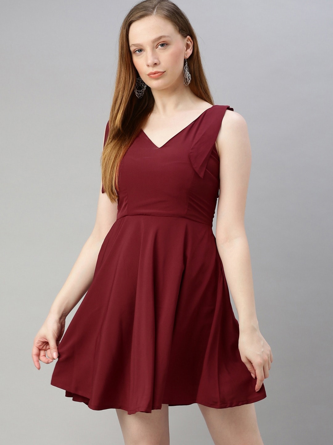 Sera Burgundy Solid Fit and Flare Dress