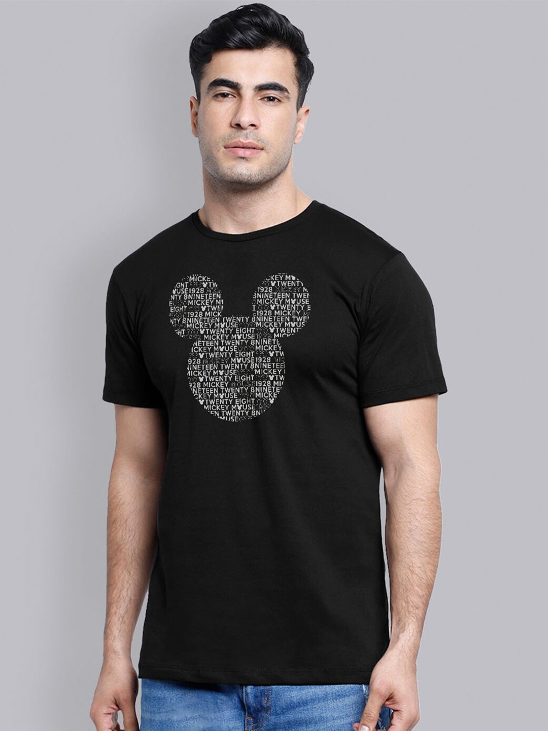 

Free Authority Men Black Mickey Mouse Print Round Neck Cotton Pure Cotton T-shirt