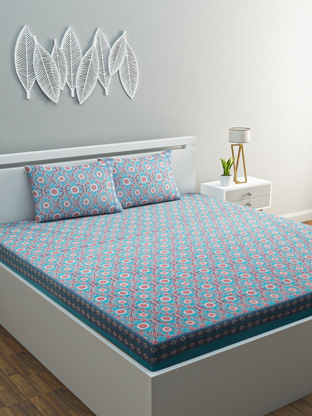 

HOME AFFAIRS Blue & Pink Ethnic Motifs 144 TC Cotton 1 Queen Bedsheet with 2 Pillow Covers