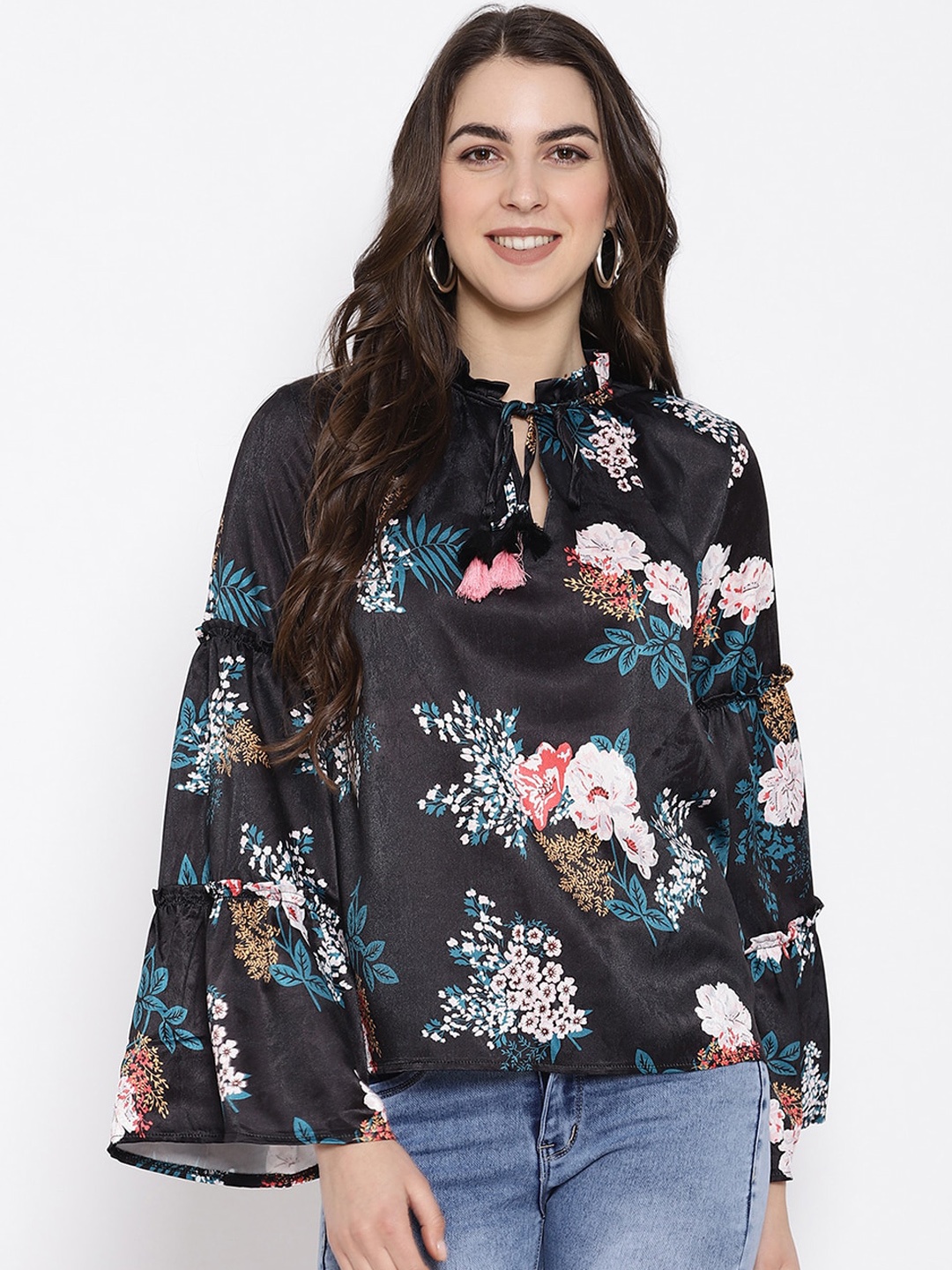 

iki chic Black Floral Tie-Up Neck Flared Sleeves Regular Top