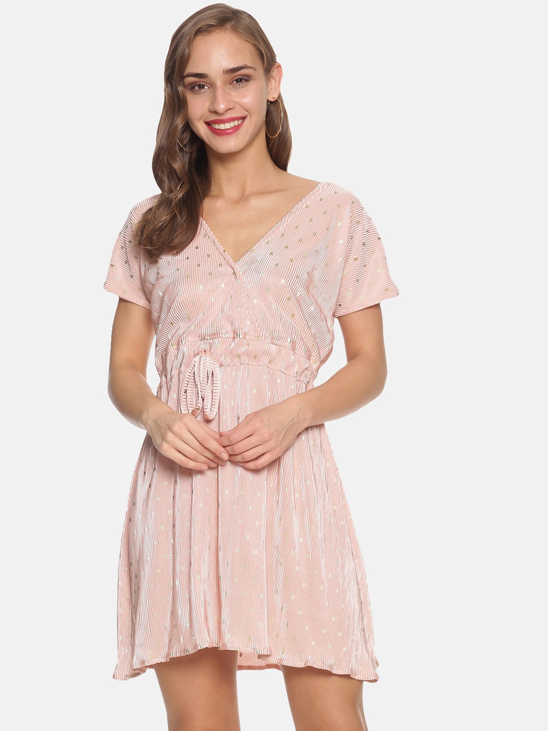 

Campus Sutra Pink Printed Fit and Flare Pleated Dress