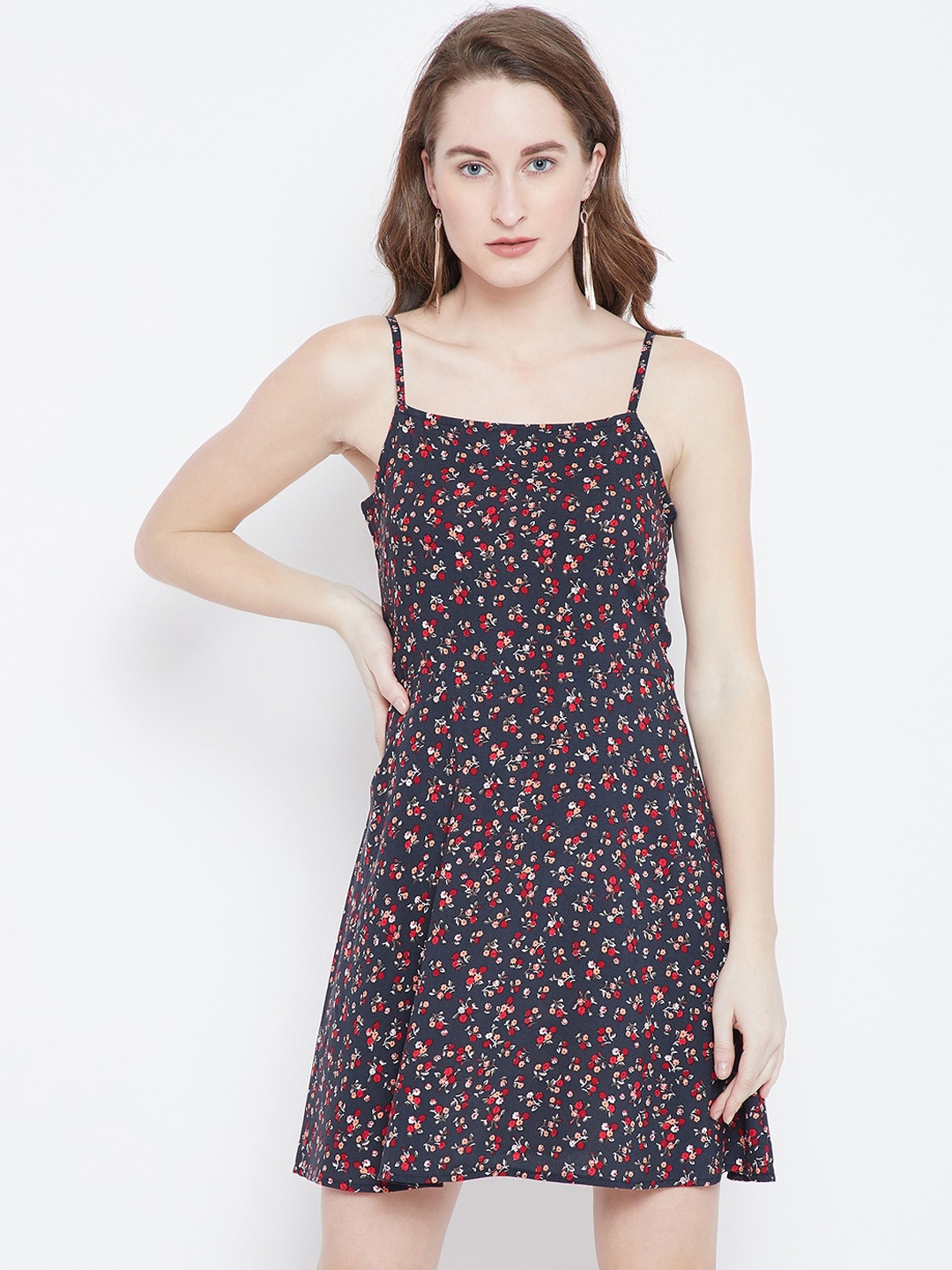 

Berrylush Navy Blue Floral A-line Dress