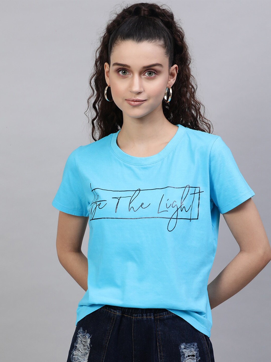 

STREET 9 Women Turquoise Blue Printed Round Neck Pure Cotton T-shirt