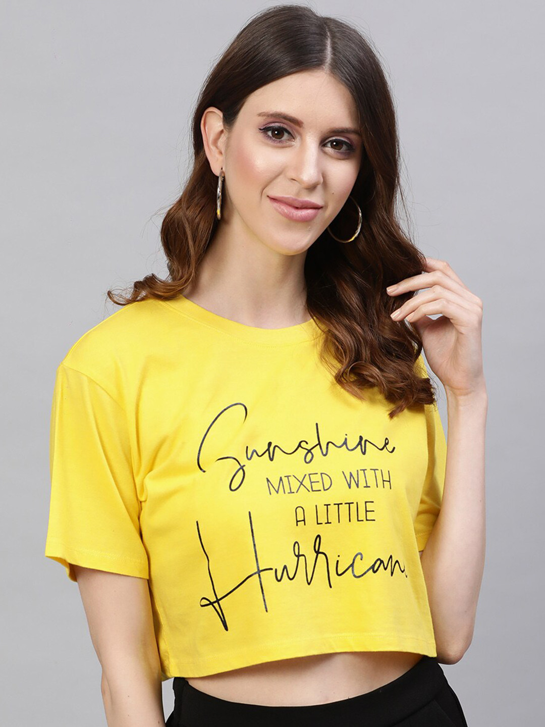 

STREET 9 Women Mustard Yellow Printed Round Neck Pure Cotton Crop Pure Cotton T-shirt
