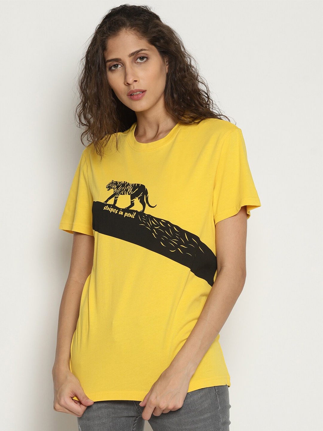 

Wolfpack Women Yellow Printed Round Neck T-shirt