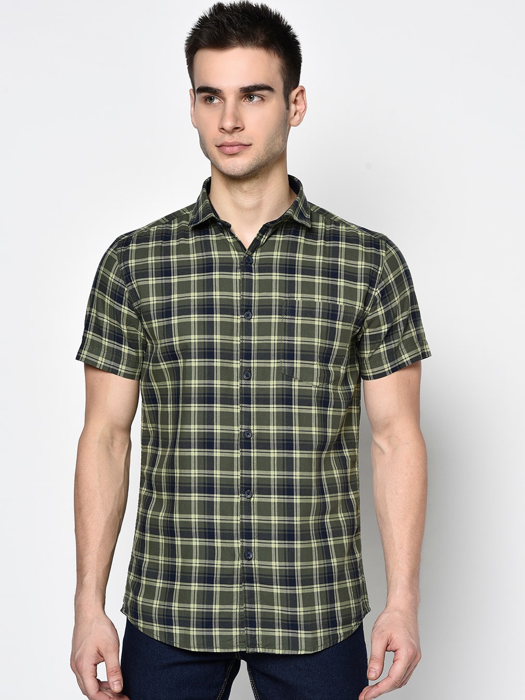 METTLE Men Olive Green & Beige Regular Fit Checked Casual Shirt