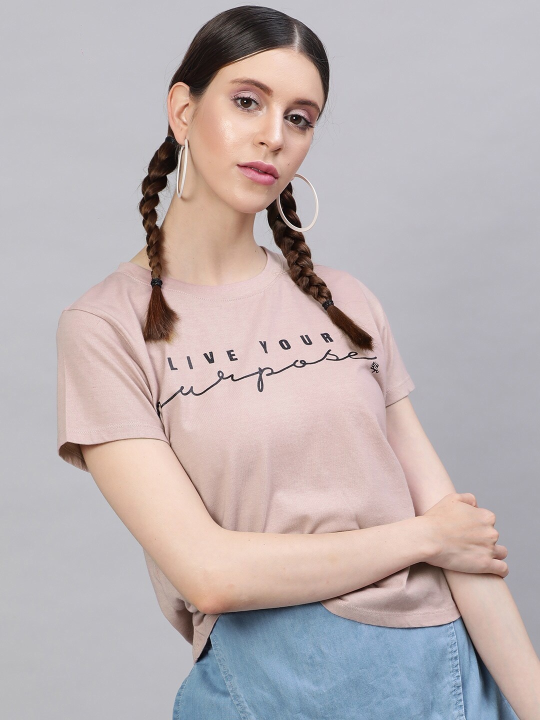 

STREET 9 Women Nude Pink Printed Printed Round Neck Pure Cotton T-shirt