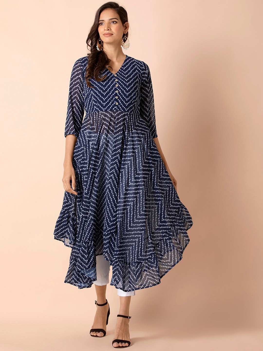 

INDYA Women Navy Blue & White Frilled Handkerchief Hem Tunic