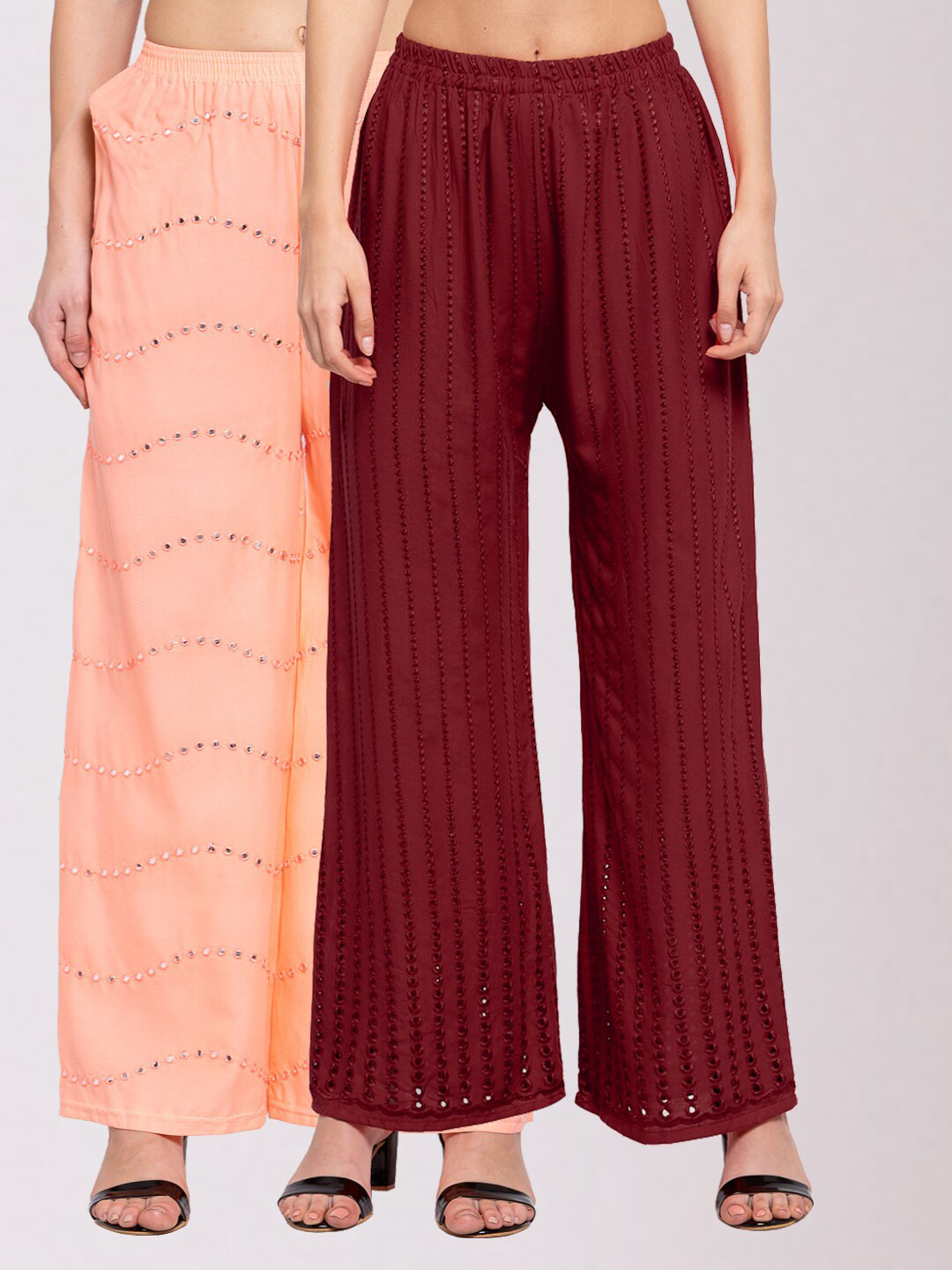 

KLOTTHE Women Peach-Coloured & Maroon Set of 2 Wide Leg Palazzos