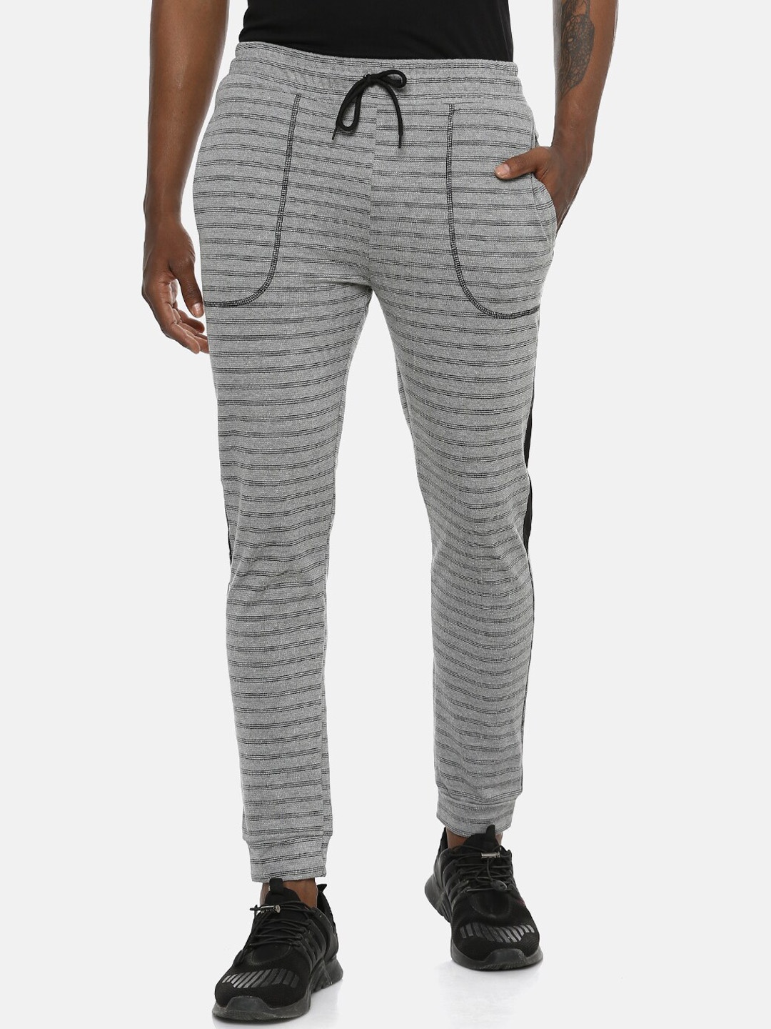 

Campus Sutra Men Grey Striped Cotton Joggers
