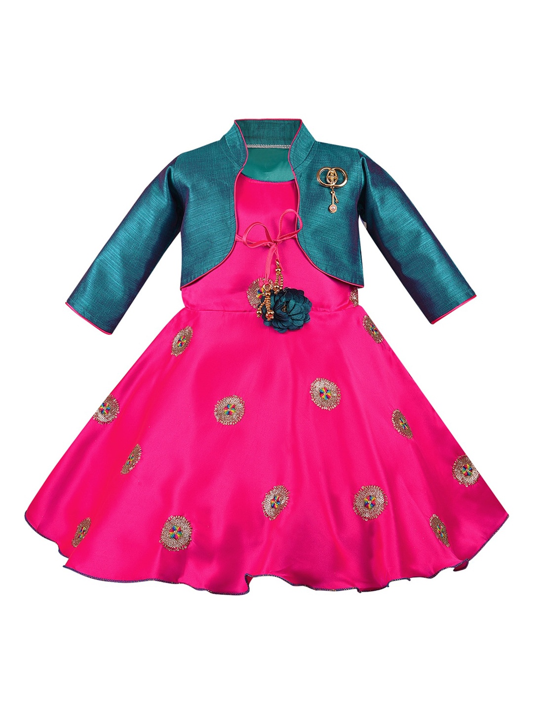 

Wish Karo Pink & Blue Floral Satin Embroidered Dress
