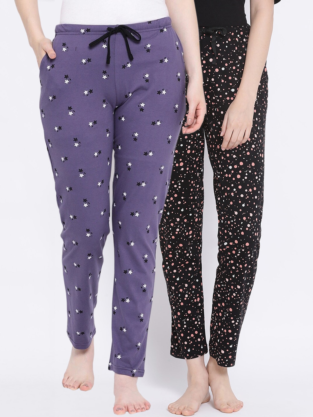 

Kanvin Women Pack of 2 Printed Pure Cotton Lounge Pants, Black