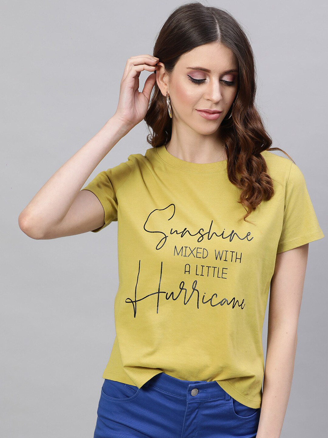 

STREET 9 Women Yellow Printed Round Neck Pure Cotton T-shirt