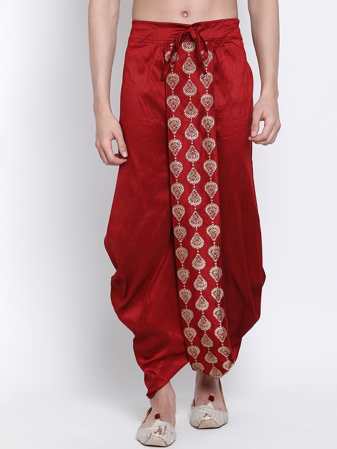 

Sanwara Men Red & Gold-Coloured Embroidered Art Silk Dhoti