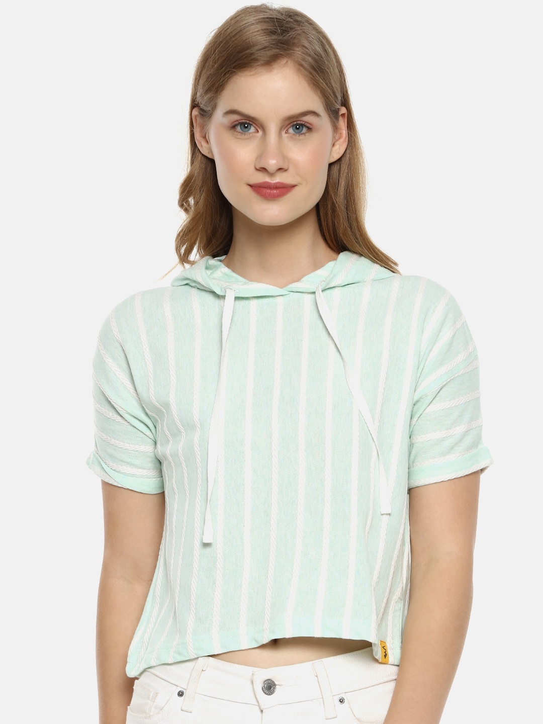 

Campus Sutra Sea Green & White Striped Regular Hooded Crop Cotton Top