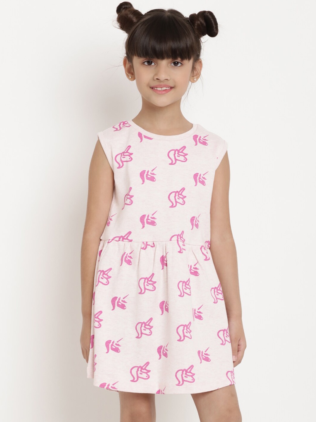 

berrytree Girls White Pink Printed Fit and Flare Sustainable Dress