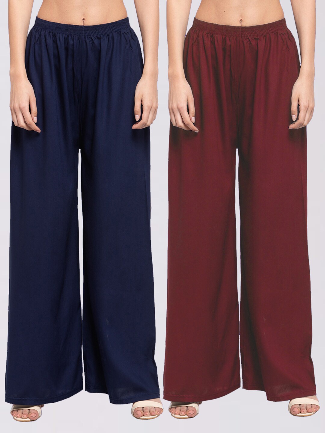 

KLOTTHE Women Pack Of 2 Navy Blue & Maroon Solid Wide Leg Palazzos