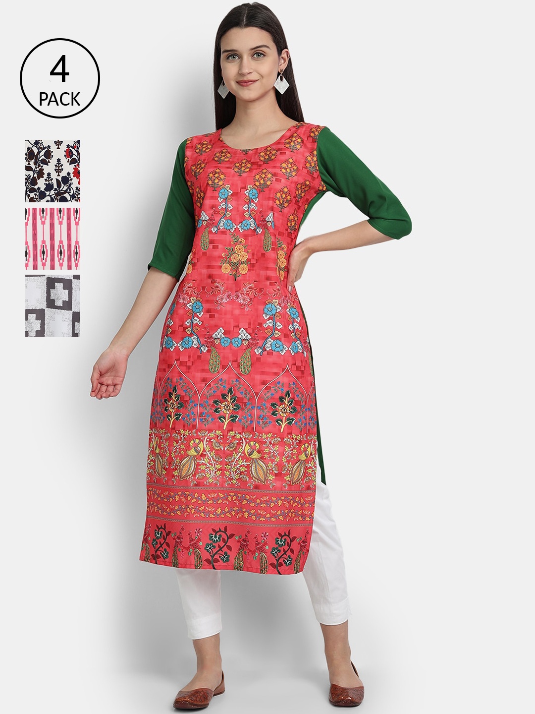 

Ethnic basket Pack of 4 Women Multicoloured Ethnic Motifs Printed Crepe Kurta, Multi