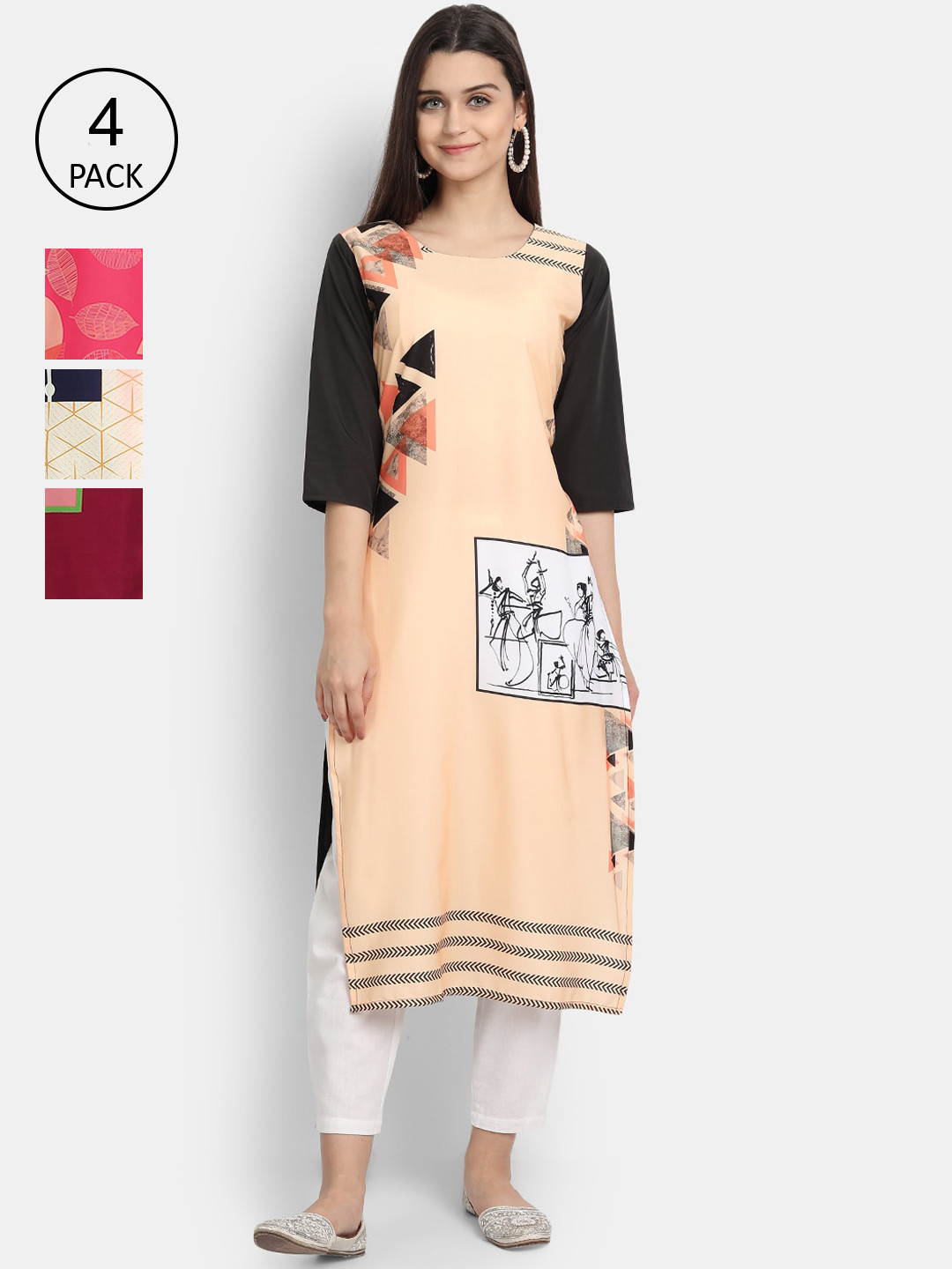 

Ethnic basket Women Pack Of 4 Printed Crepe Kurtas, Multi