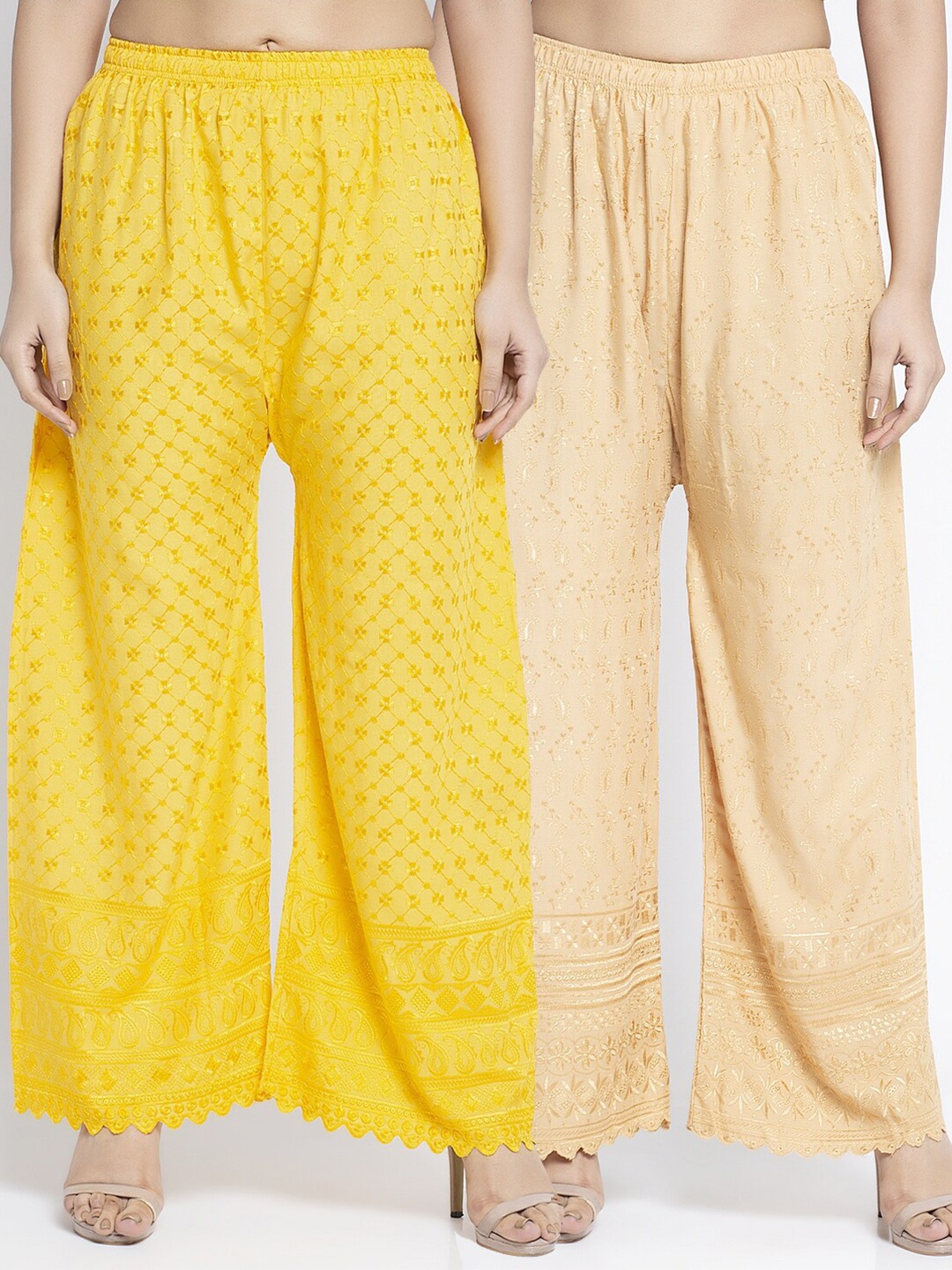

GRACIT Women Pack Of 2 Yellow & Beige Embroidered Wide Leg Palazzos