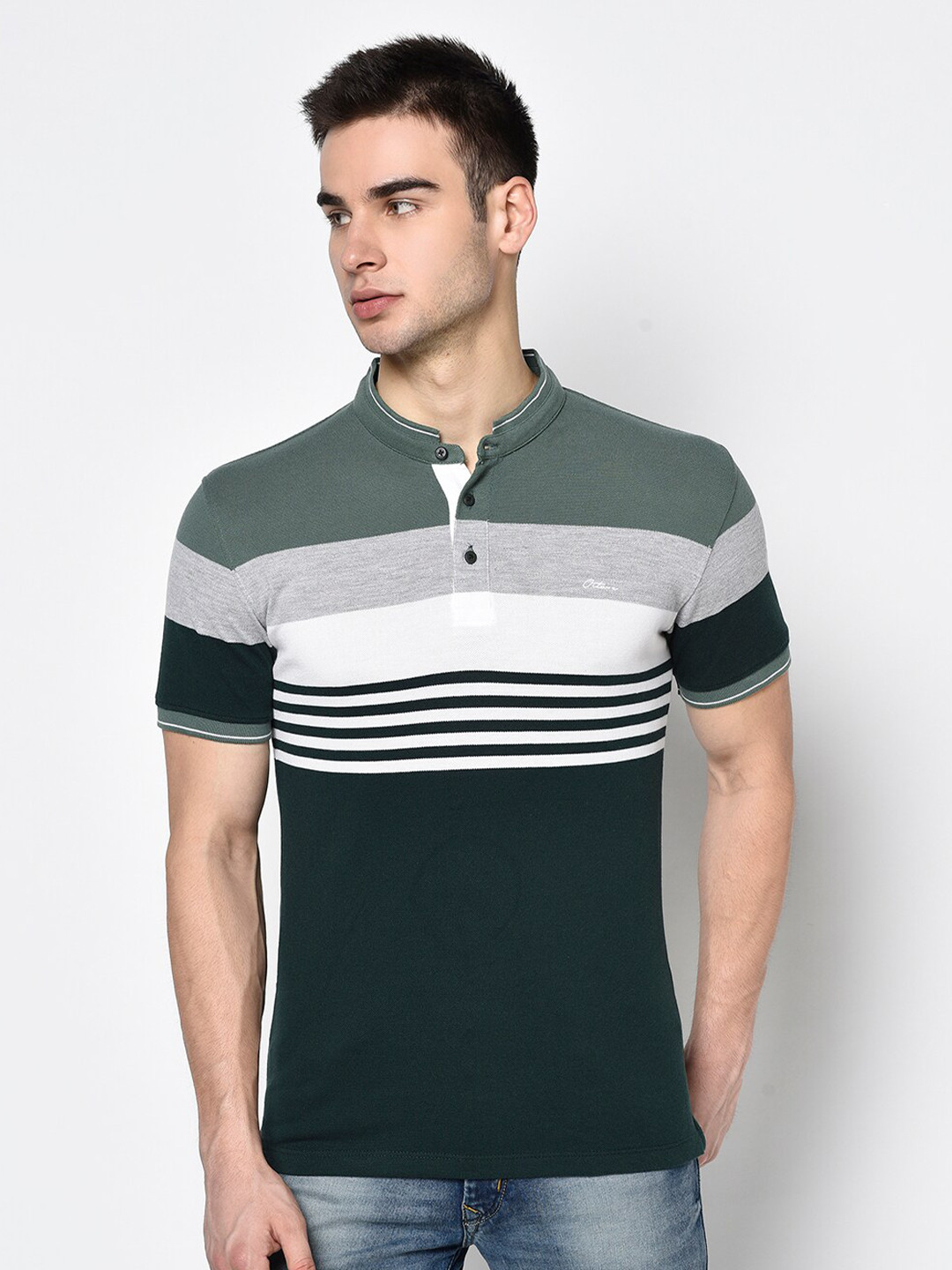 

Octave Men Green & White Striped Mandarin Collar Cotton T-shirt