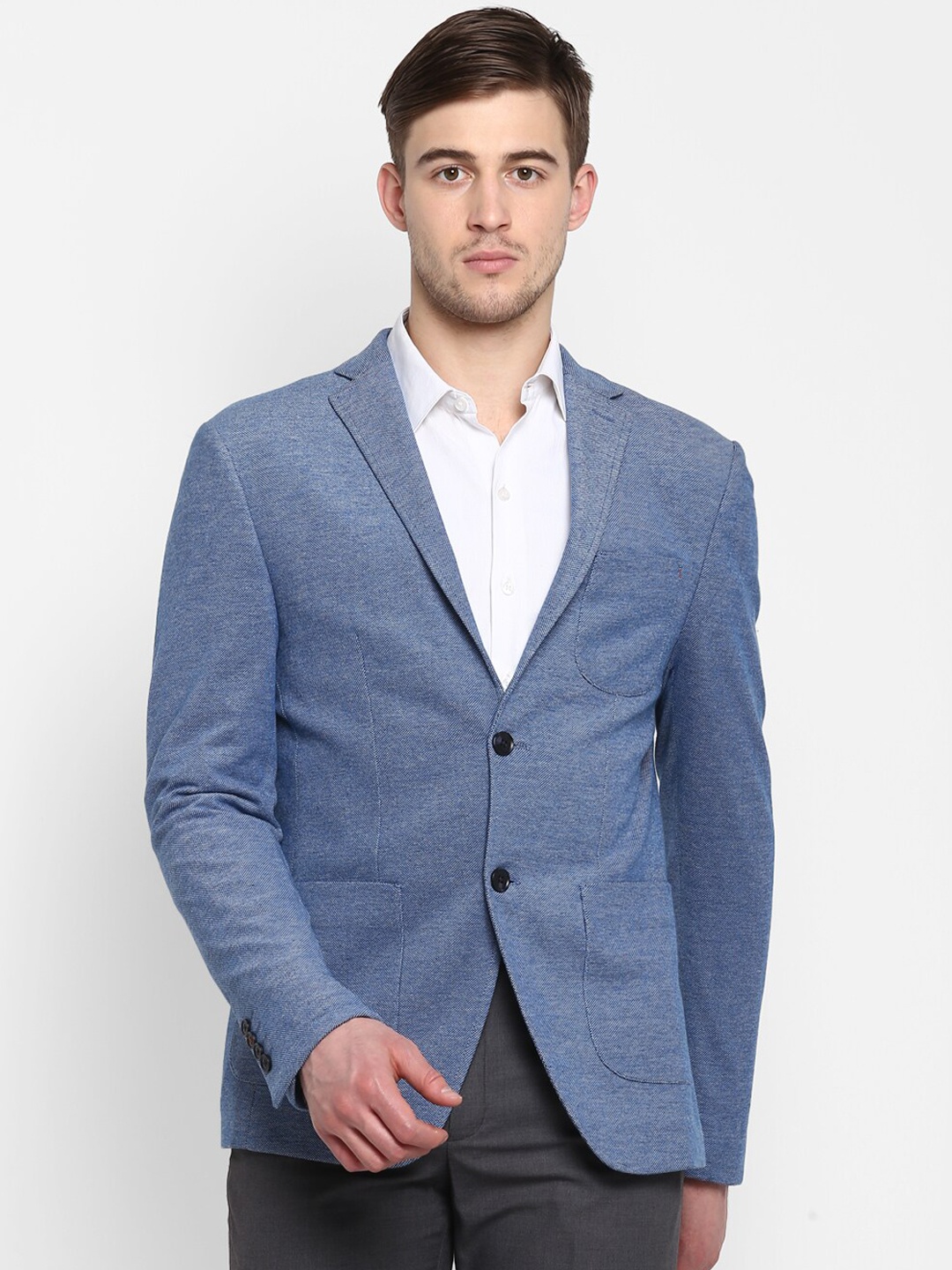

Aditi Wasan Men Blue Solid Single-Breasted Pure Cotton Casual Blazer