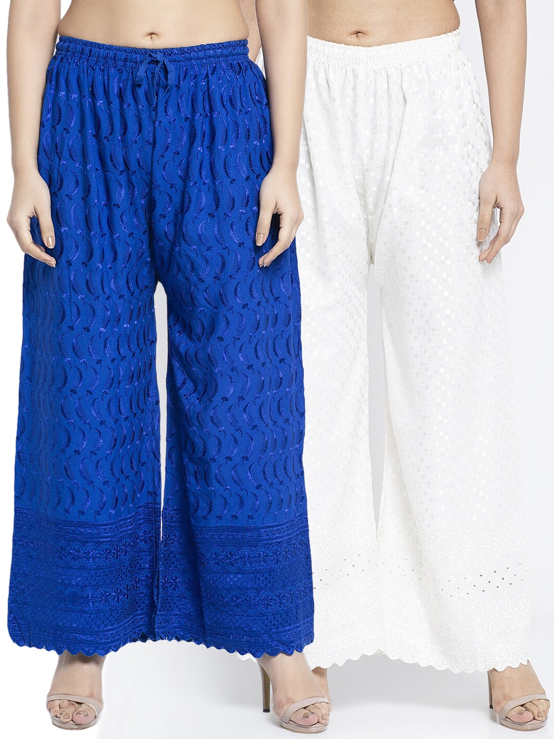 

GRACIT Women Blue & Off-White Set of 2 Embroidered Wide Leg Palazzos