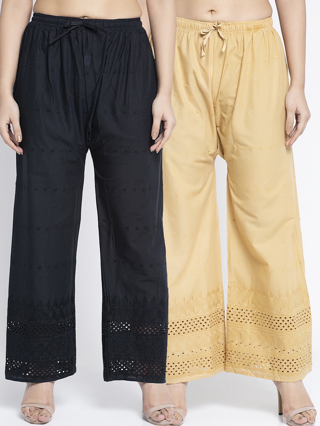 

GRACIT Women Black & Beige Set of 2 Embroidered Straight Palazzos