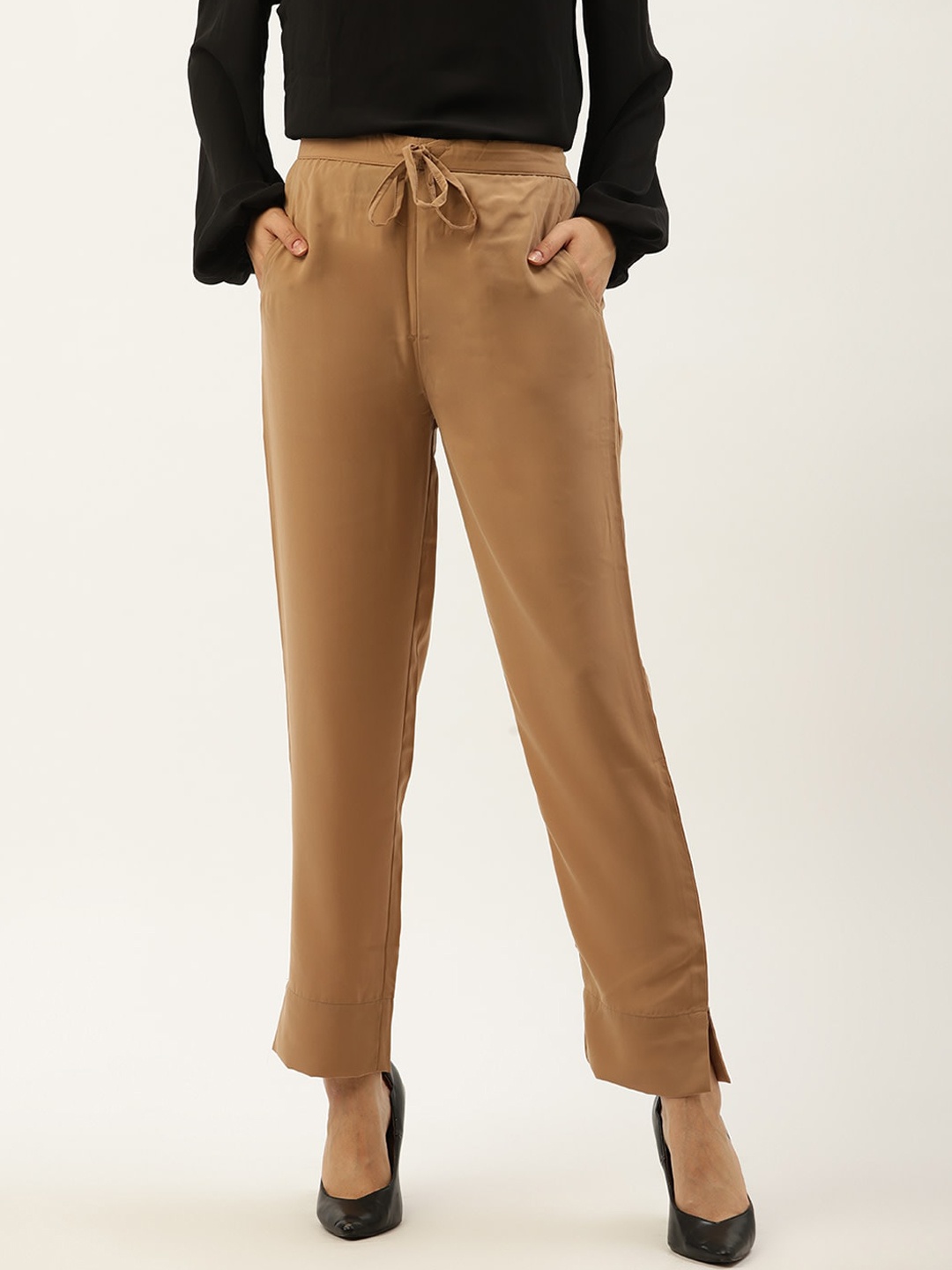

Cottinfab Women Beige Tapered Fit Regular Trousers