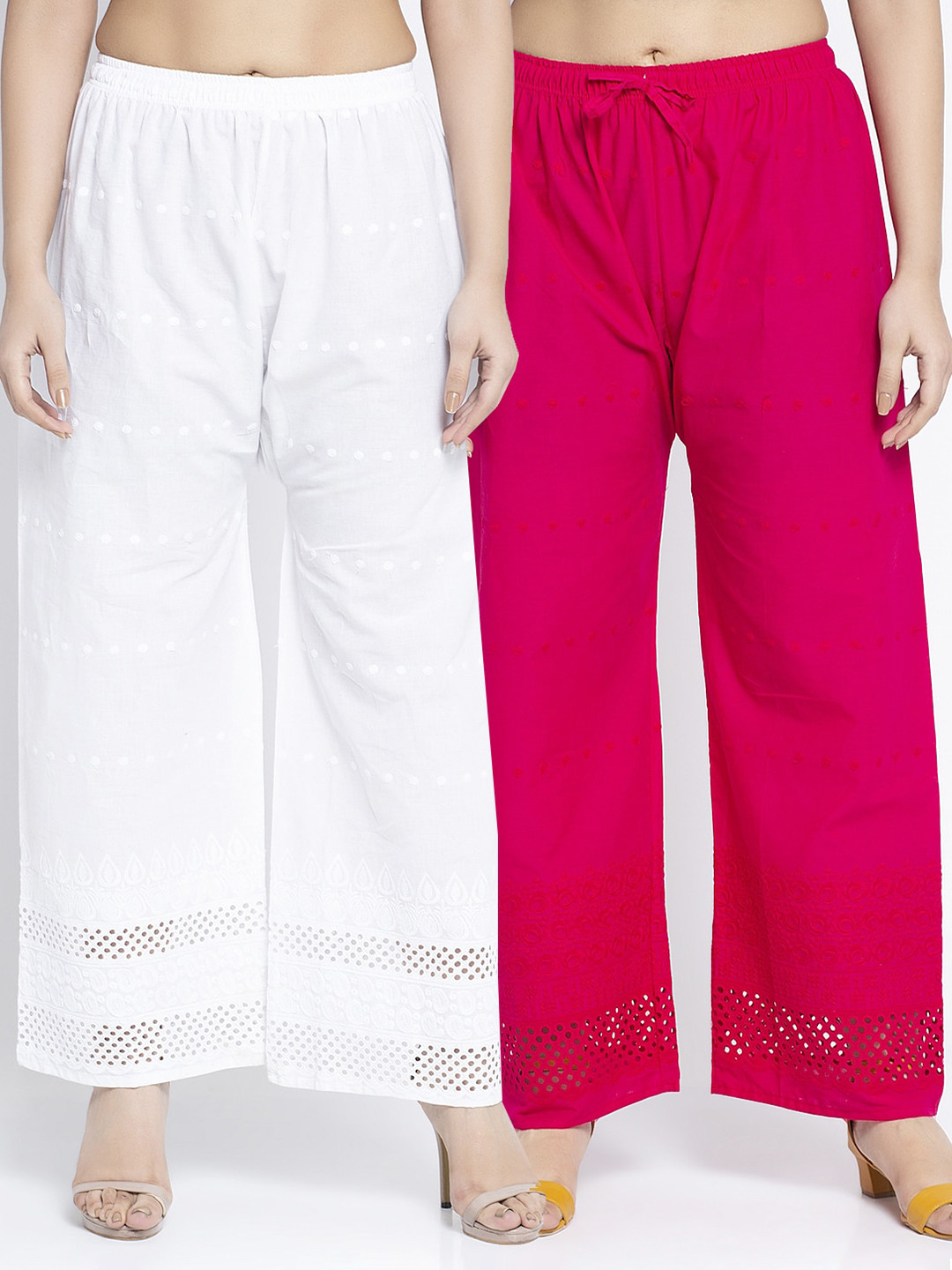 

GRACIT Women Pack Of 2 White & Pink Embroidered Wide Leg Cotton Palazzos