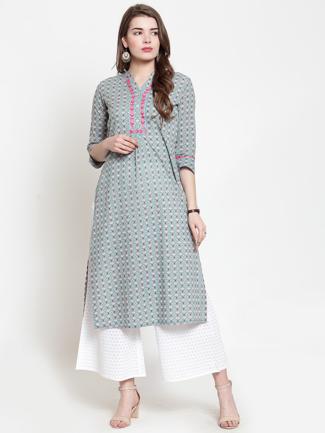 

Varanga Women Green & Pink Printed Regular A-Line Pure Cotton Kurta with Palazzos