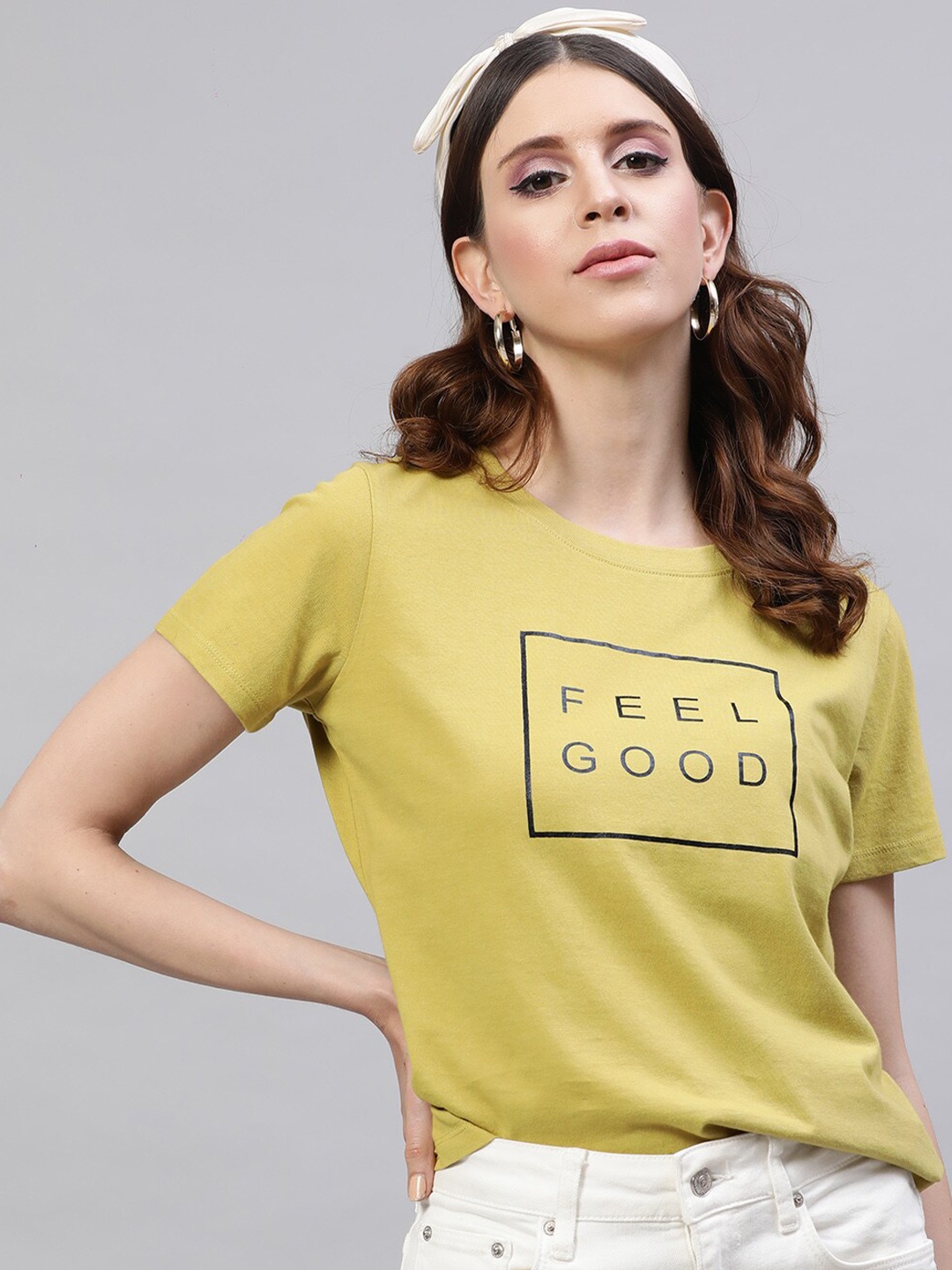 

STREET 9 Women Mustard Yellow Printed Round Neck Pure Cotton T-shirt