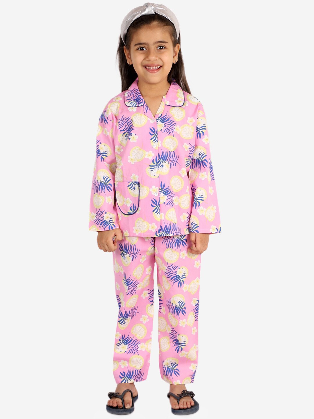 

KID1 Girls Pink & Blue Hawaiian Print Cotton Night Suit