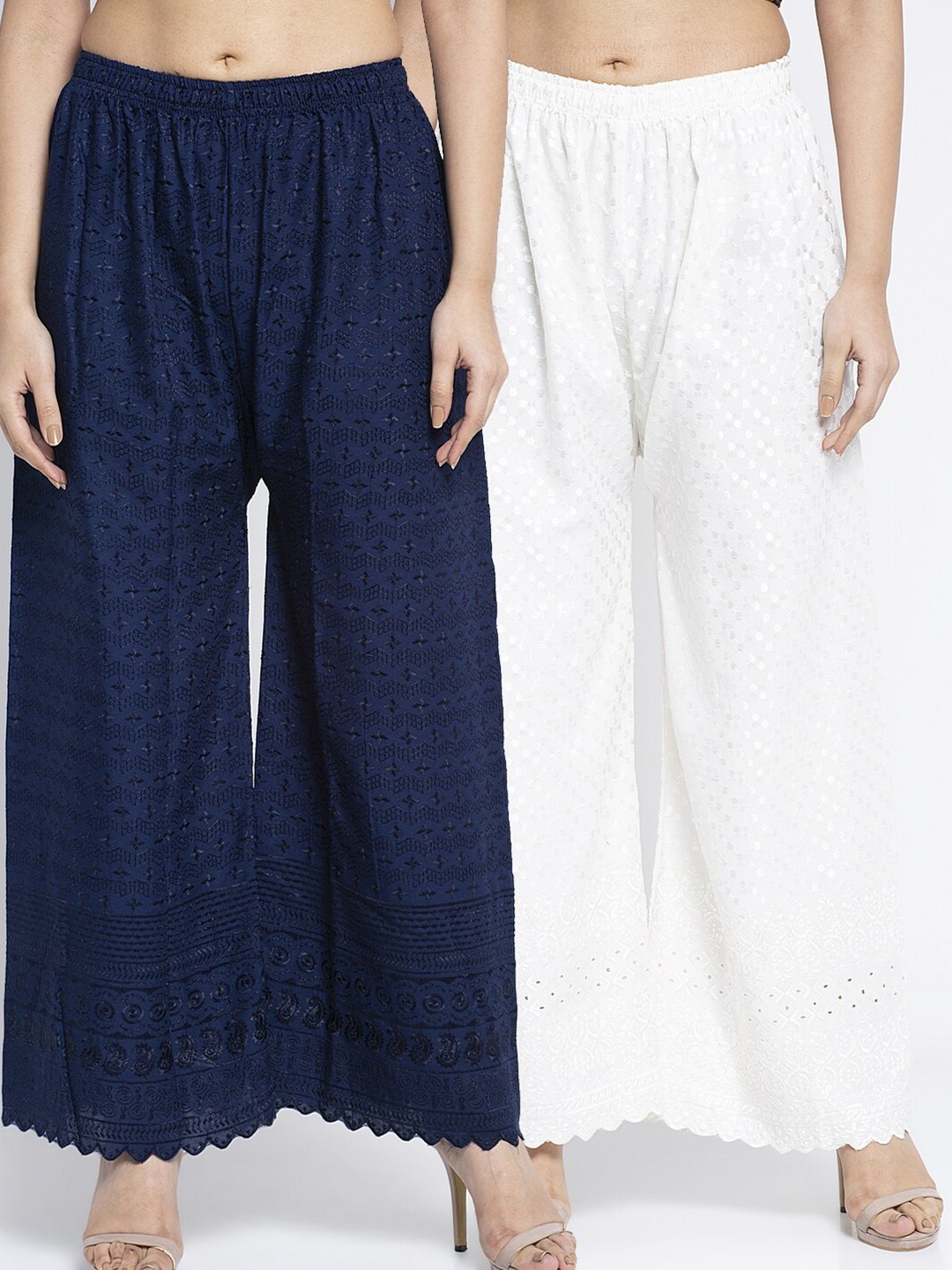 

GRACIT Women Pack Of 2 Navy Blue & Off-White Embroidered Wide Leg Palazzos