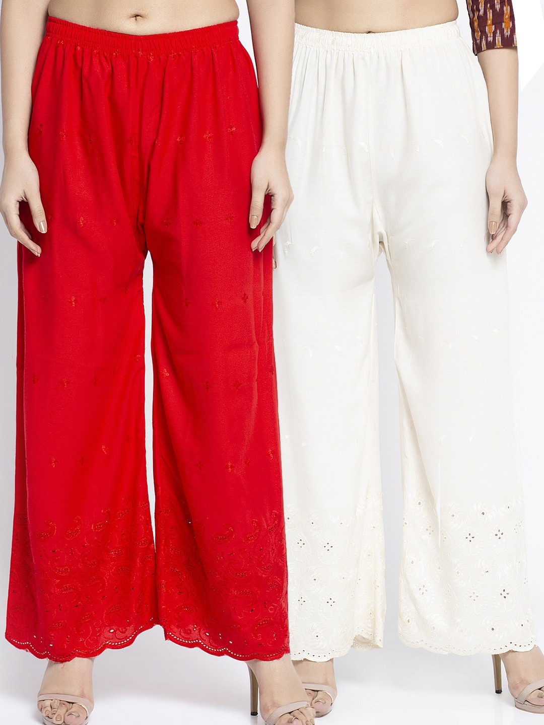

GRACIT Women Pack Of 2 Red & Off-White Embroidered Wide Leg Palazzos