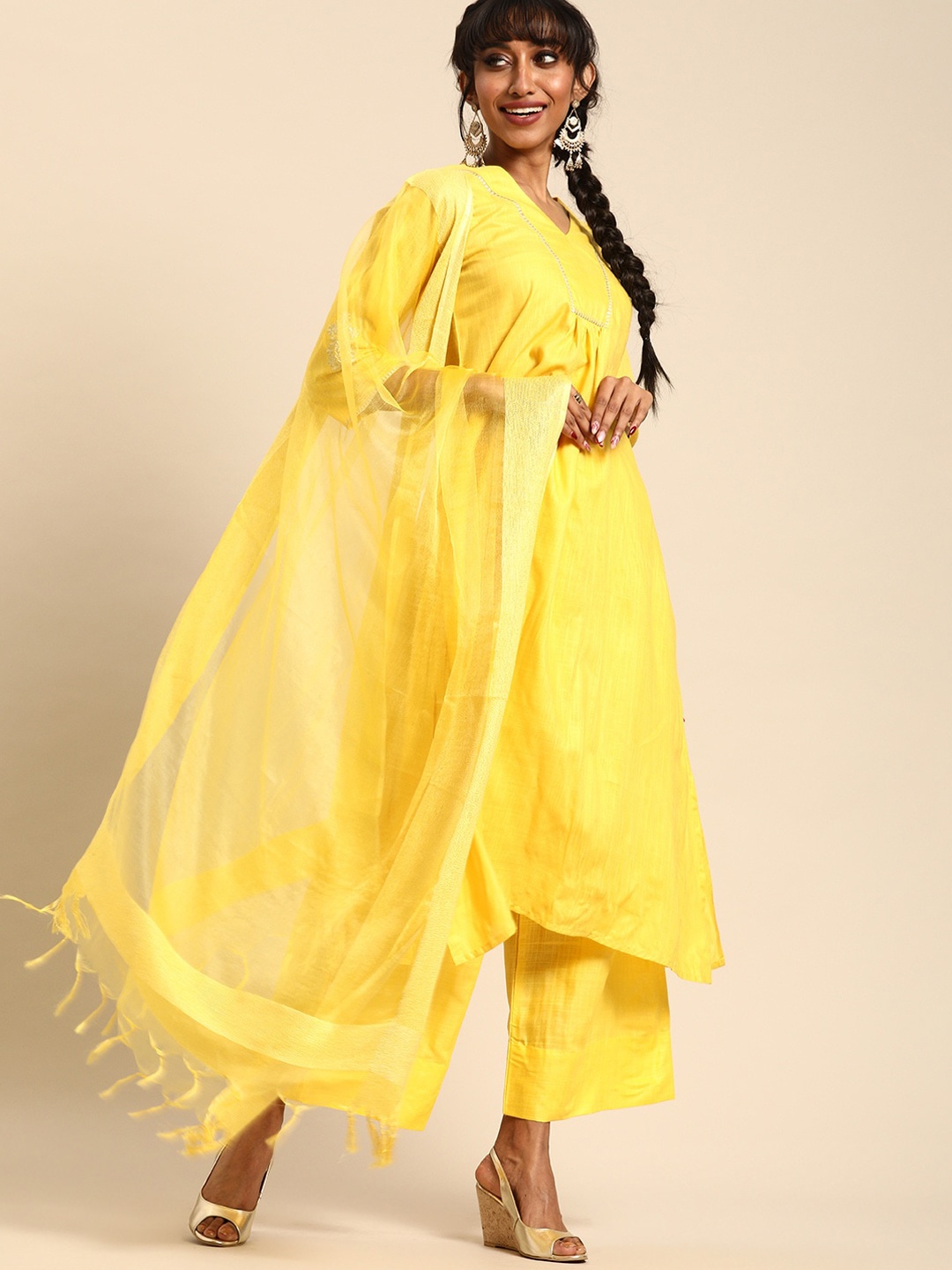 

Varanga Women Yellow Regular A-Line Kurta with Palazzos & With Dupatta