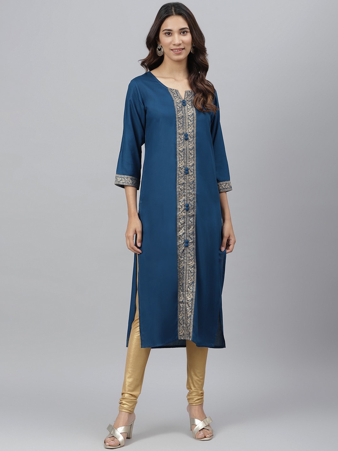 

JAIPUR ATTIRE Women Blue & Gold-Toned Keyhole Neck Thread Work Kurta
